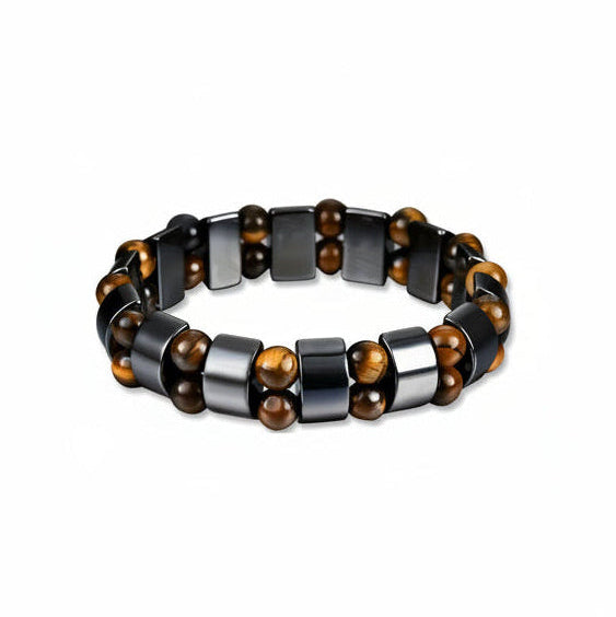 Pulseira de Pedra Natural Olho de Tigre e Hematite Cordão Elástico