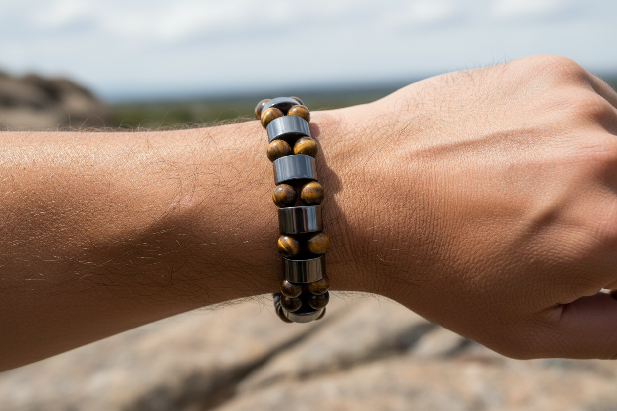 Pulseira de Pedra Natural Olho de Tigre e Hematite Cordão Elástico
