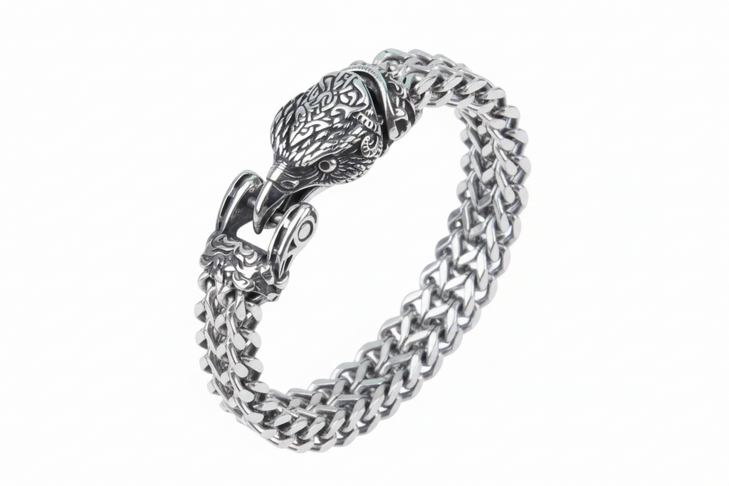 Pulseira com Cabeça de Corvo Estilo Viking em Aço Inoxidável