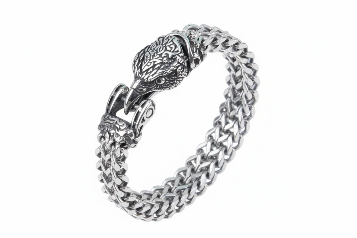 Pulseira com Cabeça de Corvo Estilo Viking em Aço Inoxidável