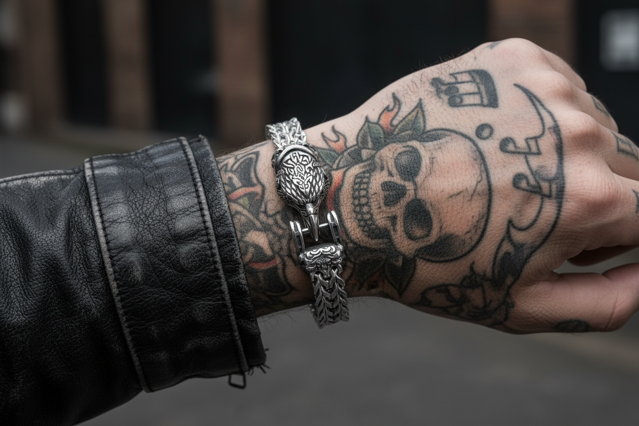 Pulseira com Cabeça de Corvo Estilo Viking em Aço Inoxidável