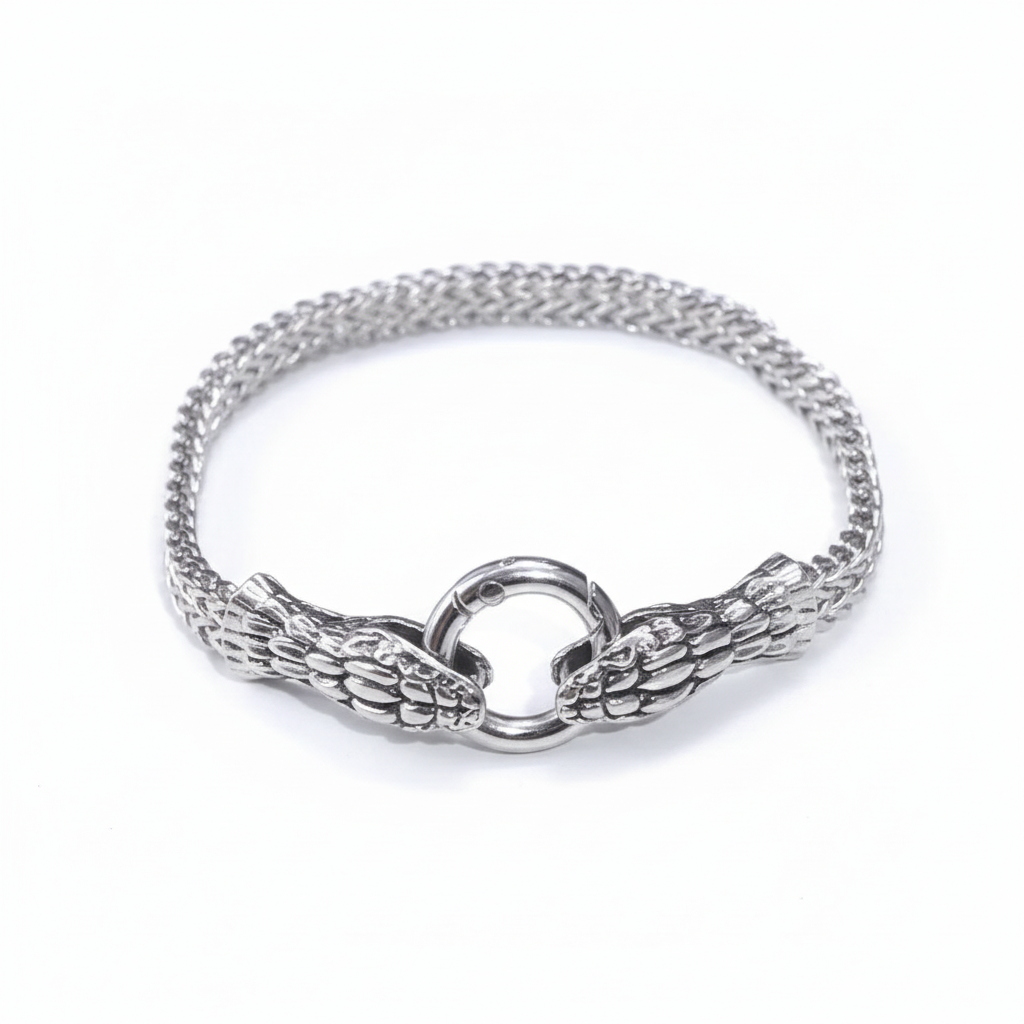 Pulseira com Cabeça de Cobra Dupla Estilo Viking em Aço Inoxidável