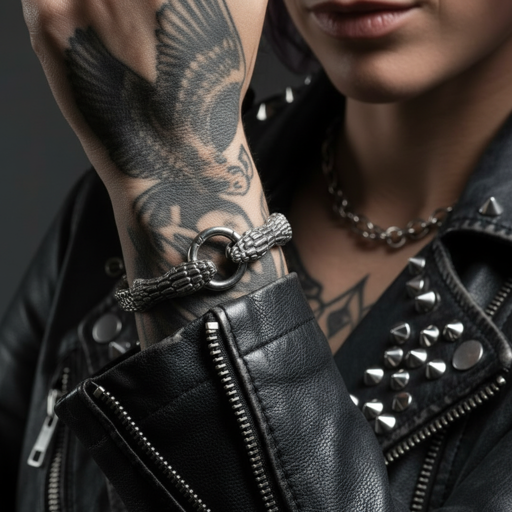 Pulseira com Cabeça de Cobra Dupla Estilo Viking em Aço Inoxidável