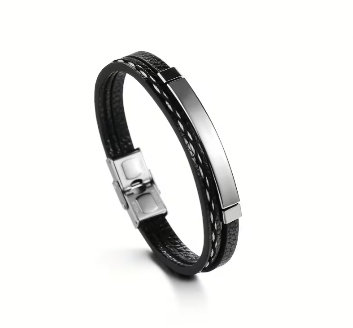 Pulseira de Couro Trançado em Aço Inoxidável Personalizável