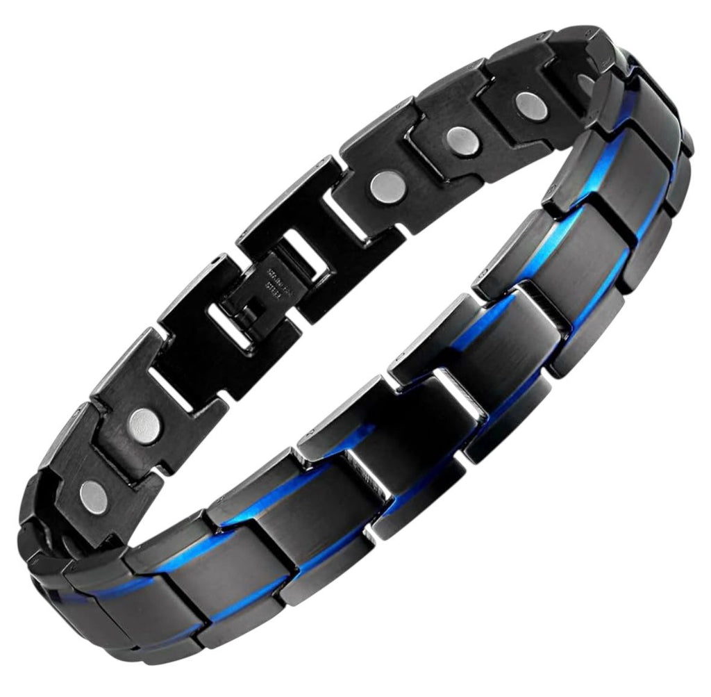 Pulseira Magnética em Tungstênio Preto com Detalhes Azuis