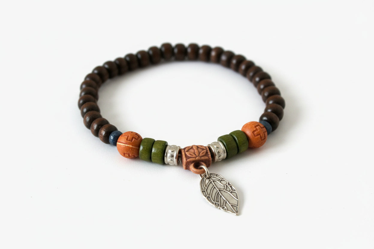 Pulseira de Contas de Madeira Estilo Boêmio Artesanal