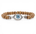 Pulseira de Contas de Madeira com Olho Estilo Boêmio Artesanal Cordão Elástico