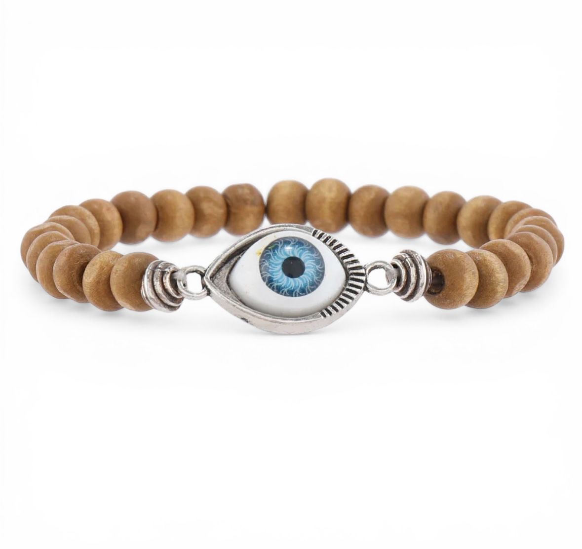 Pulseira de Contas de Madeira com Olho Estilo Boêmio Artesanal Cordão Elástico
