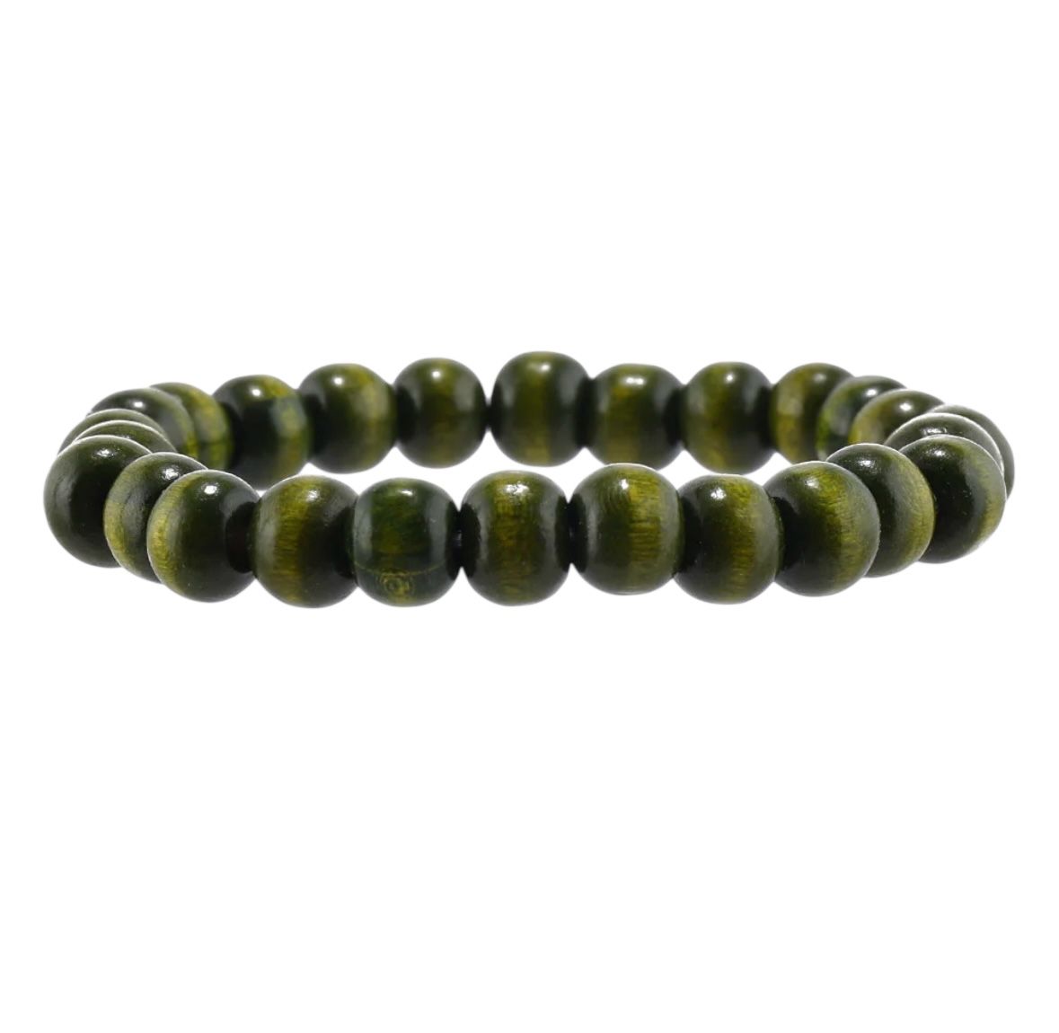 Pulseira Artesanal de Madeira Verde Musgo com Contas e Cordão Elástico