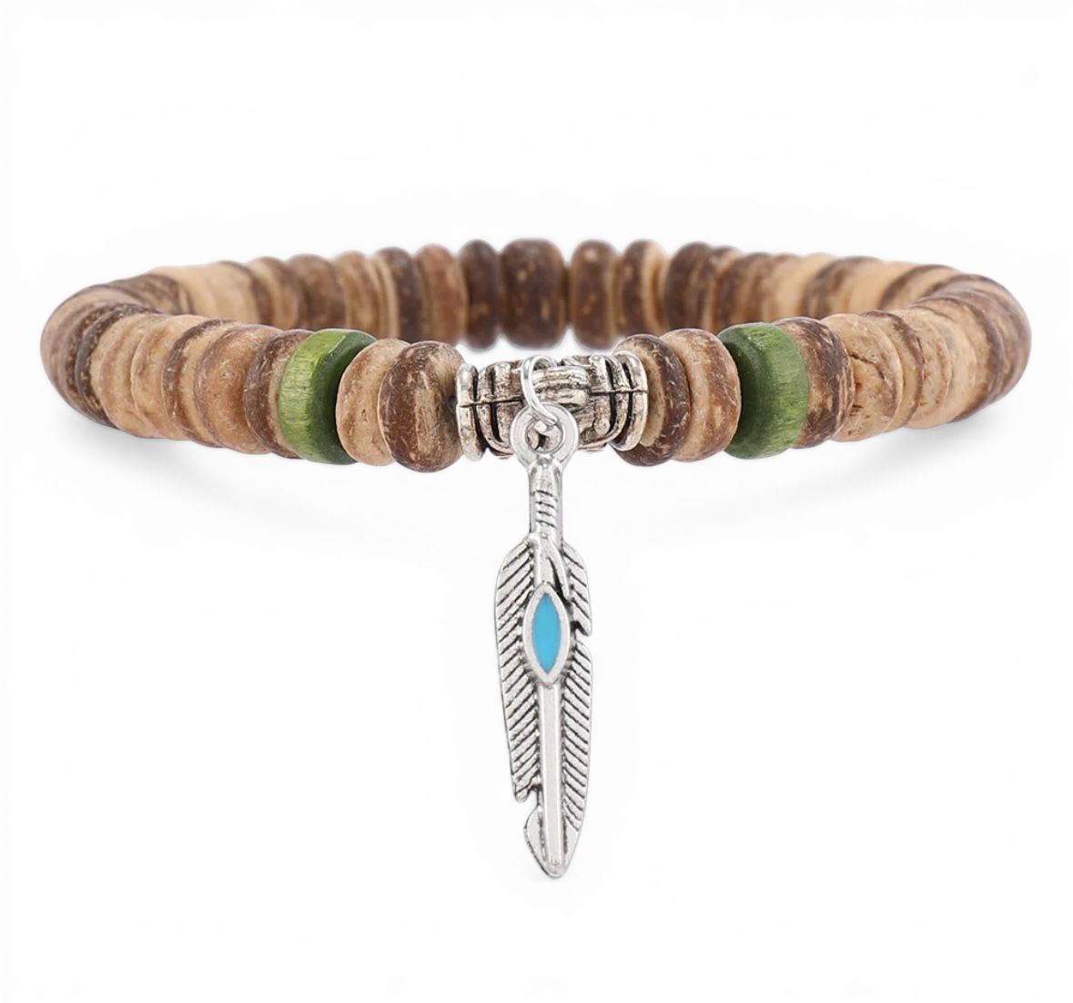 Pulseira de Contas em Madeira com Pendente de Pena – Artesanal com Cordão Elástico