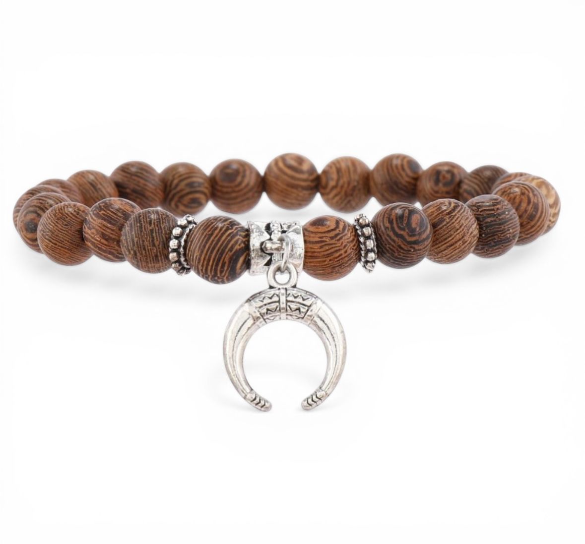 Pulseira de Contas em Madeira com Pingente de Lua – Artesanal com Cordão Elástico