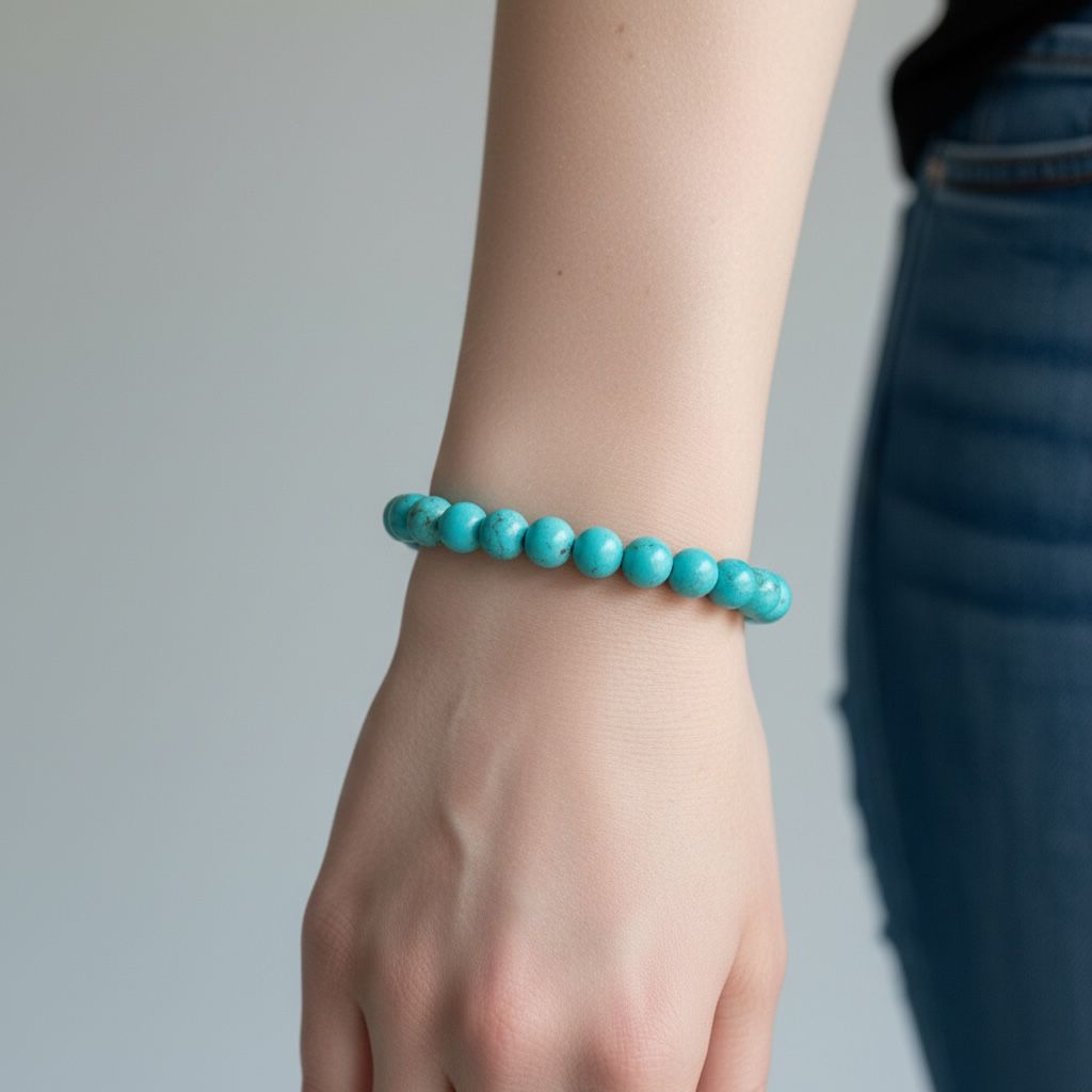 Pulseira de Contas com Pedras Naturais Turquesa – Artesanal com Cordão Elástico