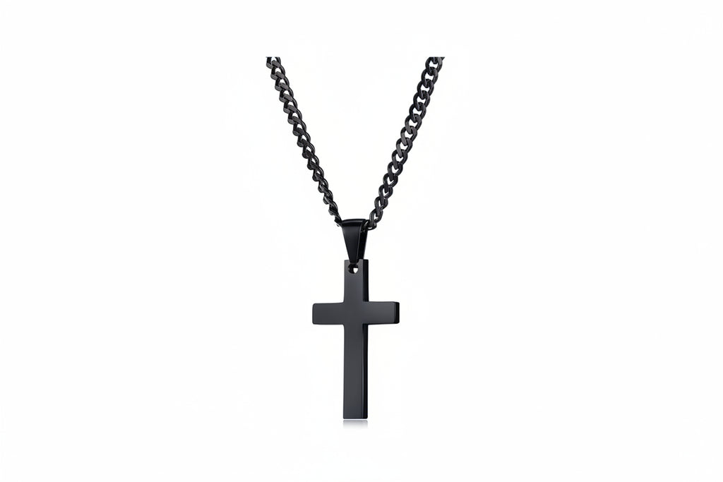 Conjunto com Cruz Revestida a Preto em Aço Inoxidável