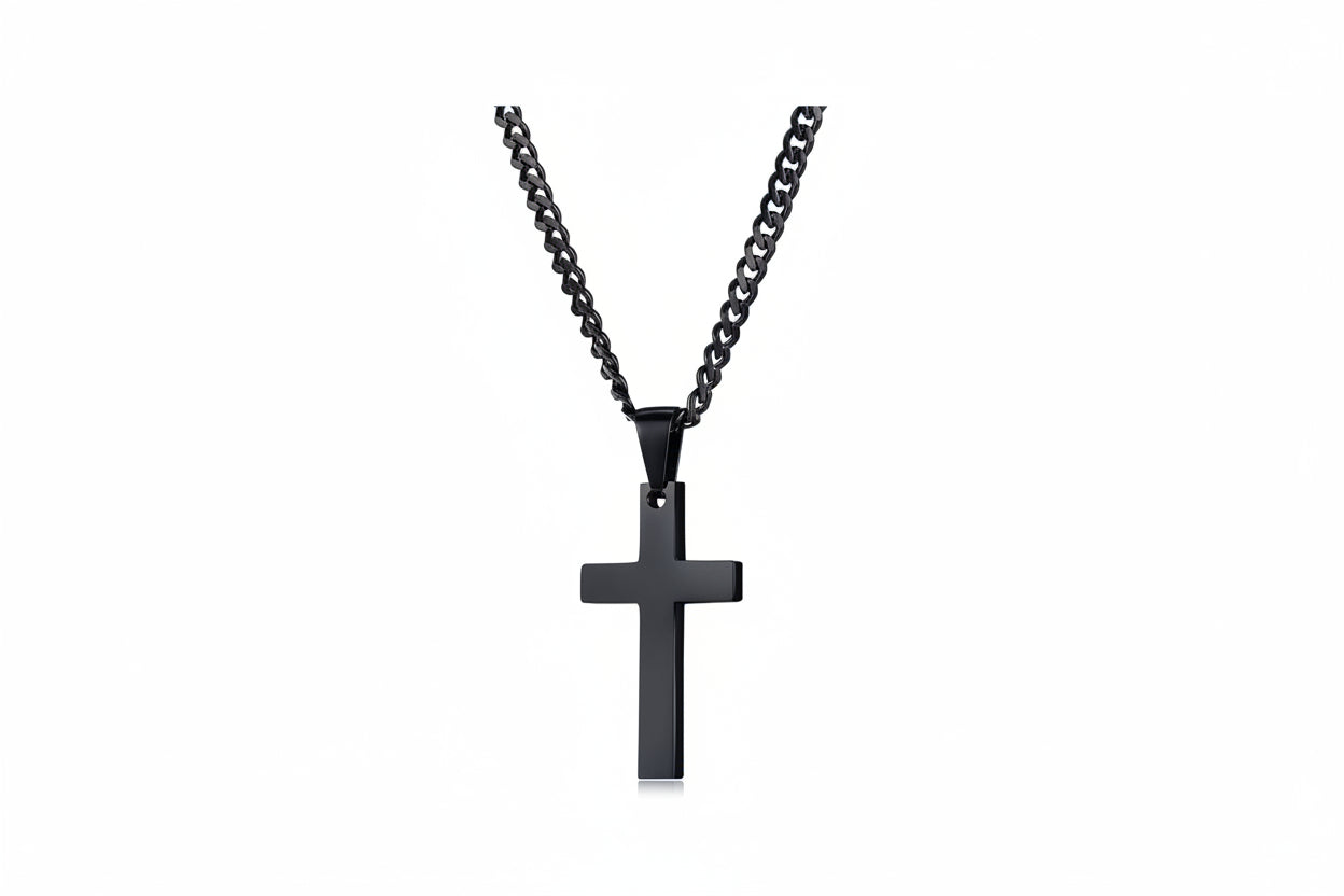 Conjunto com Cruz Revestida a Preto em Aço Inoxidável
