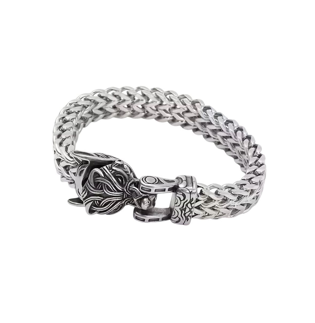 Pulseira com Cabeça de Lobo em Aço Inoxidável
