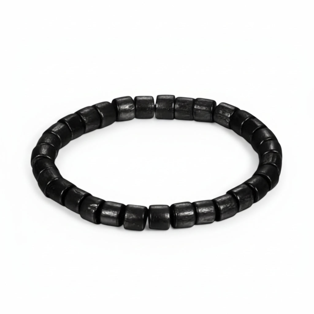 Pulseira Artesanal de Contas em Madeira Preta com Cordão Elástico