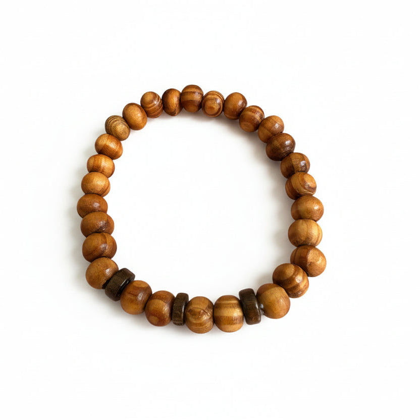 Pulseira Artesanal de Contas em Madeira Natural com Elástico