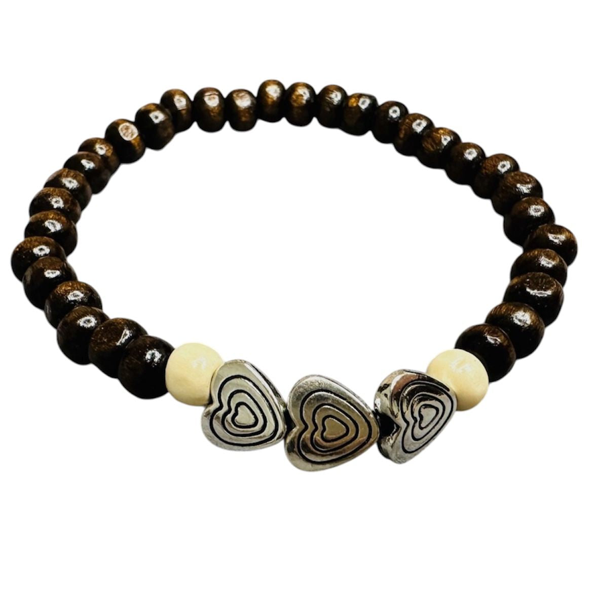Pulseira de Contas em Madeira Natural com Coraçoes - Estilo Artesanal com Elástico