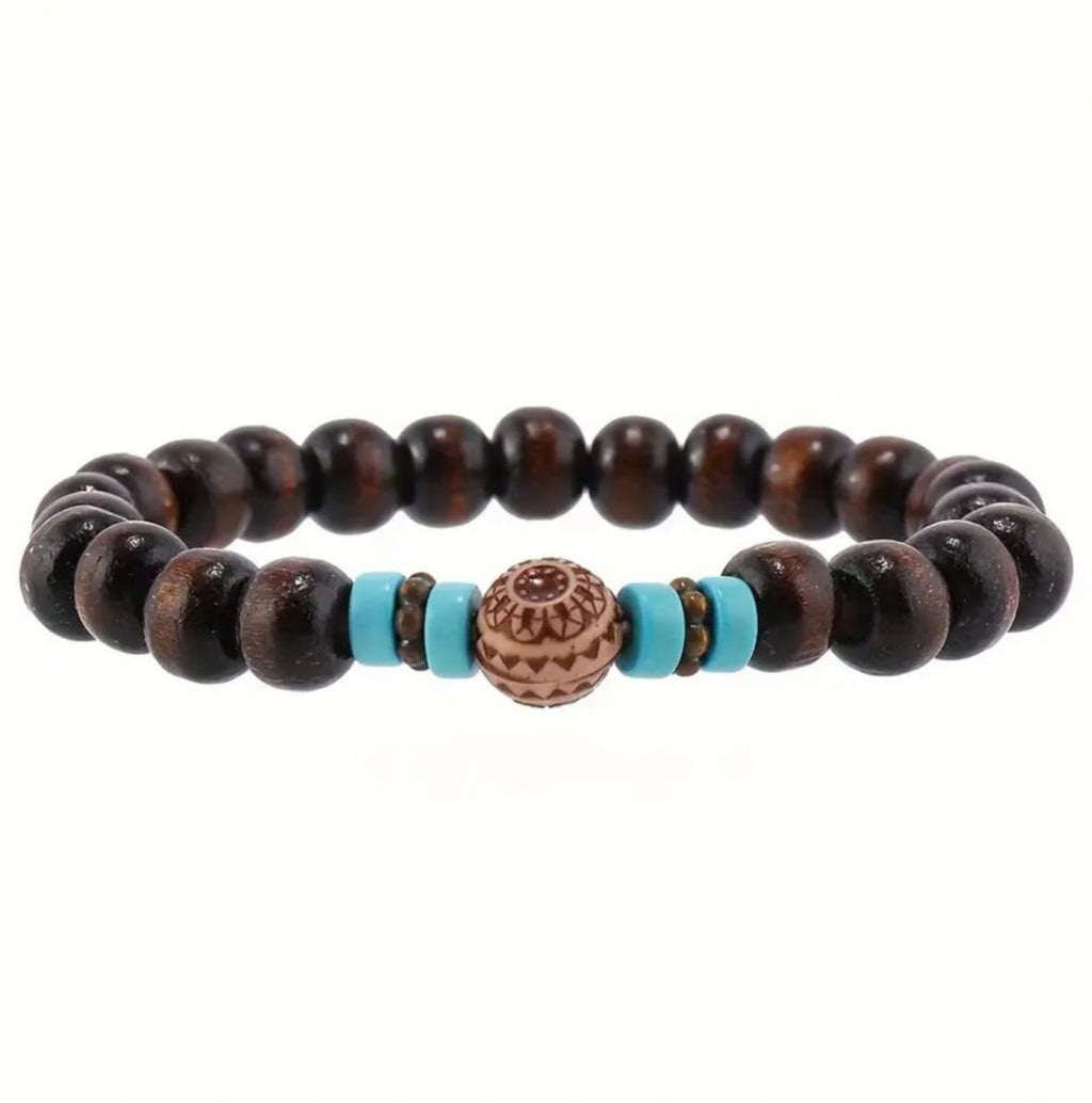 Pulseira de Madeira Natural com Detalhes – Estilo Artesanal com Elástico