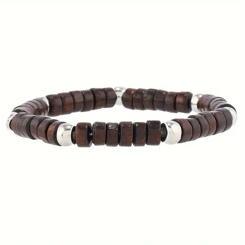 Pulseira Artesanal em Madeira com Contas Detalhadas e Elástico Ajustável