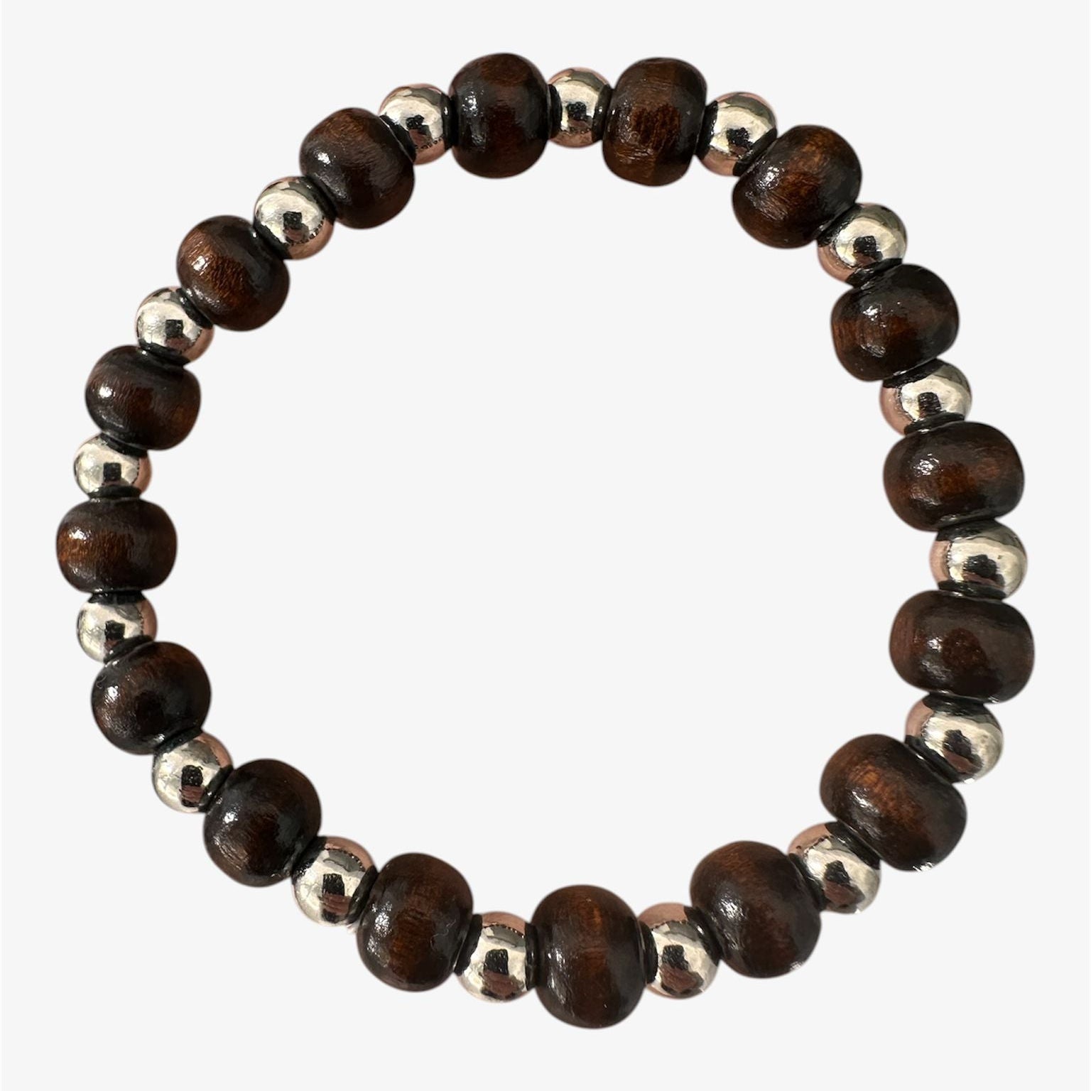 Pulseira de Contas em Madeira Natural e Detalhes com Cordão Elástico