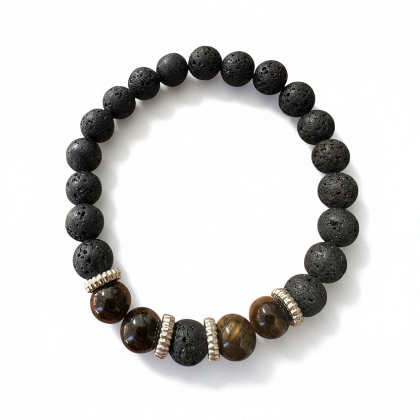 Pulseira Artesanal com Pedra Natural Vulcânica e Olho de Tigre com Cordão Elástico