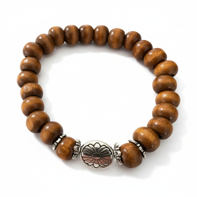 Pulseira de Contas em Madeira Natural com Detalhes com Cordão Elástico