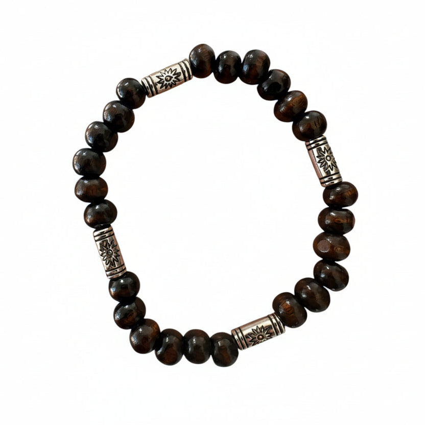 Pulseira de Contas em Madeira Natural com Detalhes com Cordão Elástico