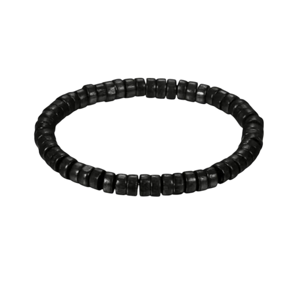 Pulseira Artesanal de Contas em Madeira Preta com Cordão Elástico
