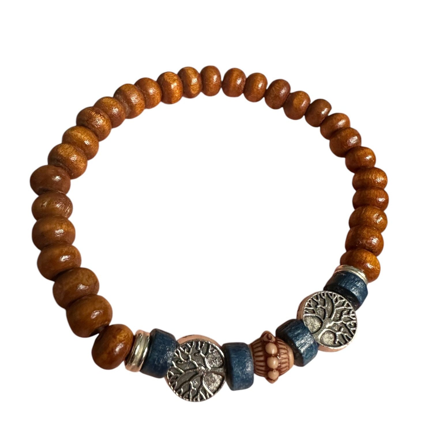 Pulseira Artesanal de Contas em Madeira com Árvore da Vida e Cordão Elástico