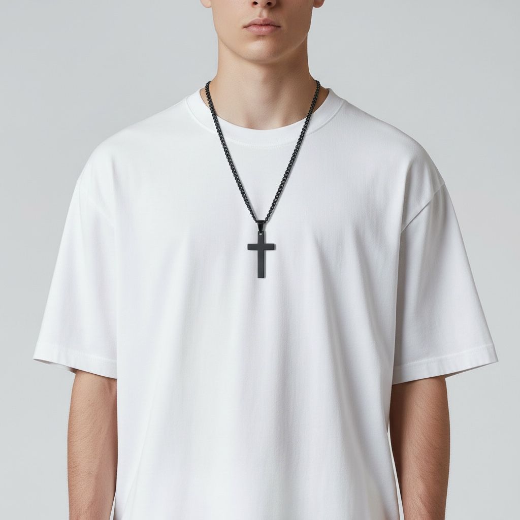 Conjunto com Cruz Revestida a Preto em Aço Inoxidável