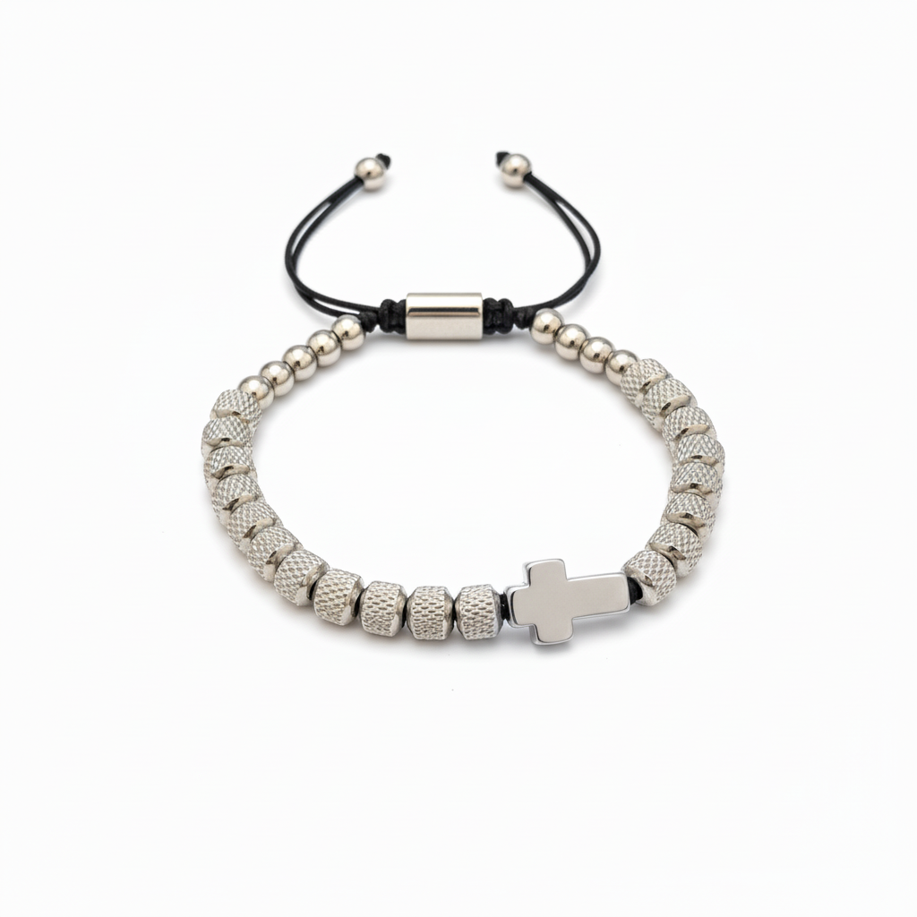 Pulseira com Cruz em Aço Inoxidável Ajustável