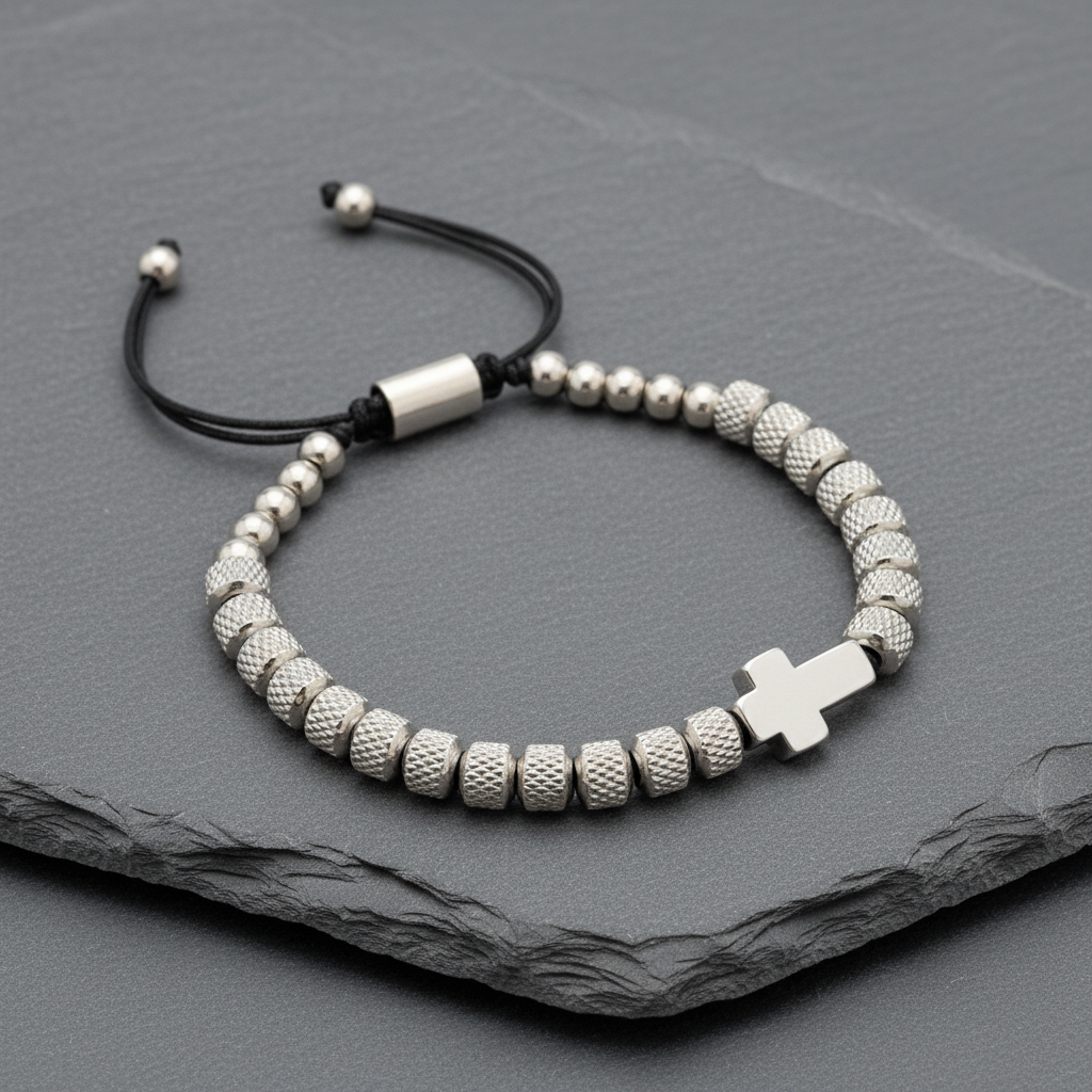 Pulseira com Cruz em Aço Inoxidável Ajustável