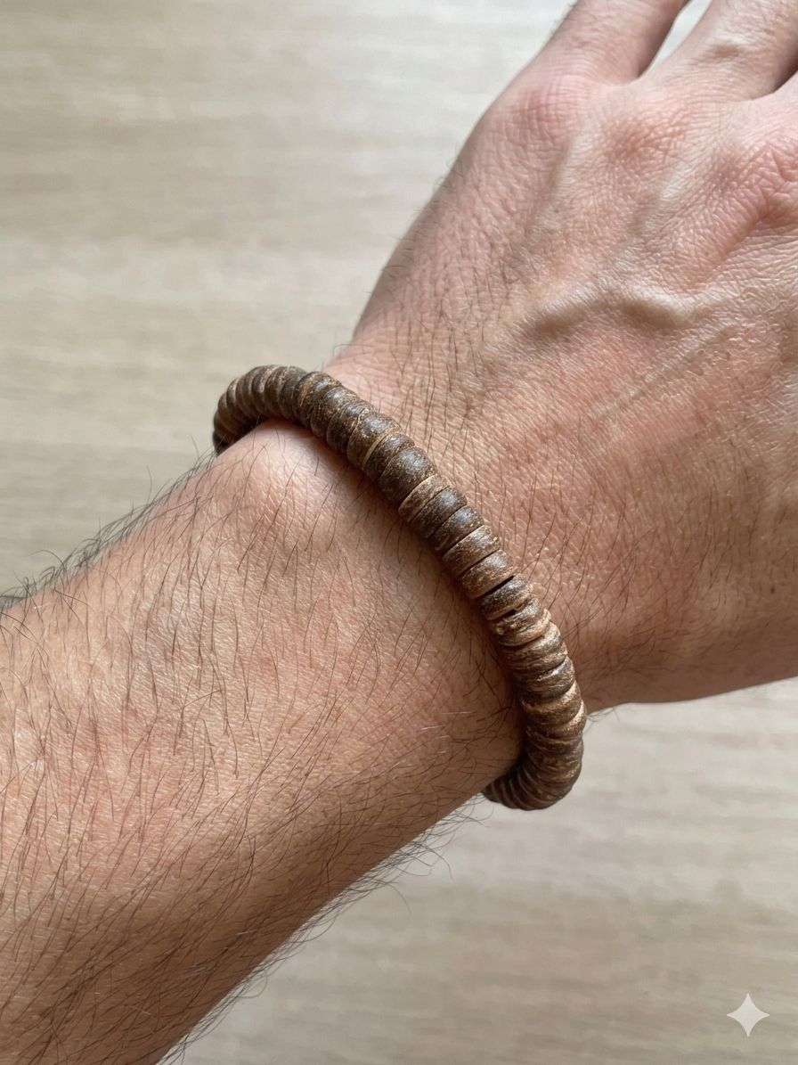 Pulseira de Contas em Madeira – Artesanal com Cordão Elástico