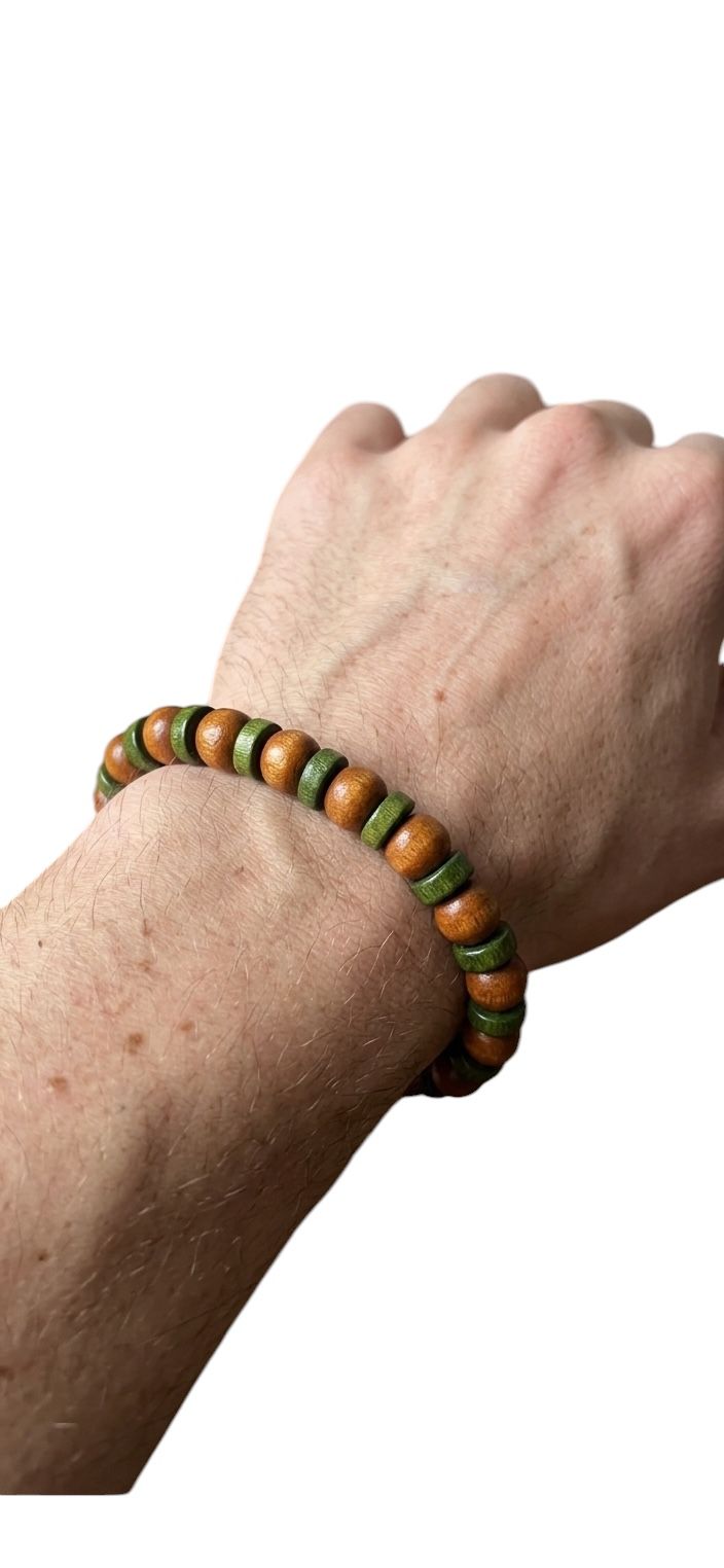 Pulseira de Contas em Madeira Natural com Cordão Elástico