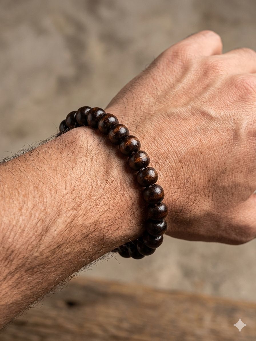 Pulseira Artesanal de Contas em Madeira Natural com Elástico