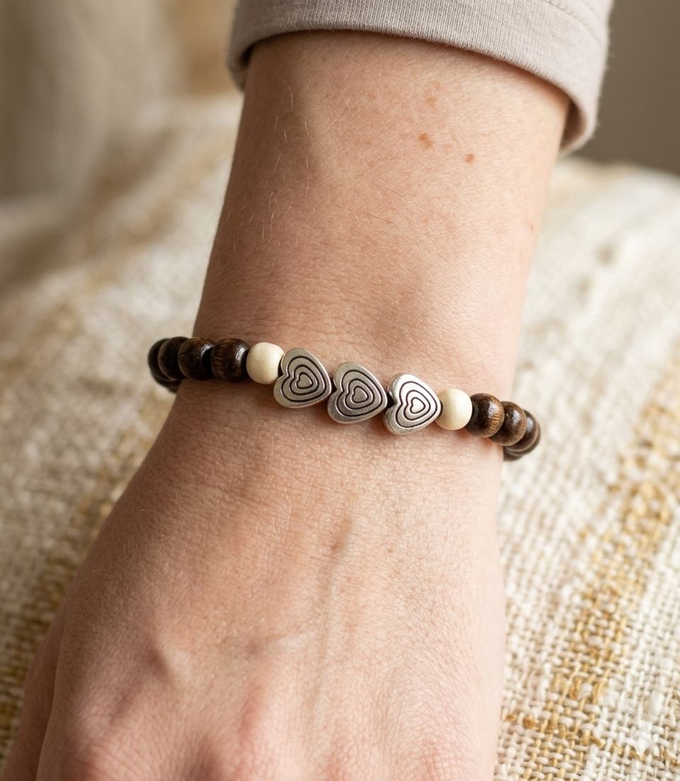 Pulseira de Contas em Madeira Natural com Coraçoes - Estilo Artesanal com Elástico