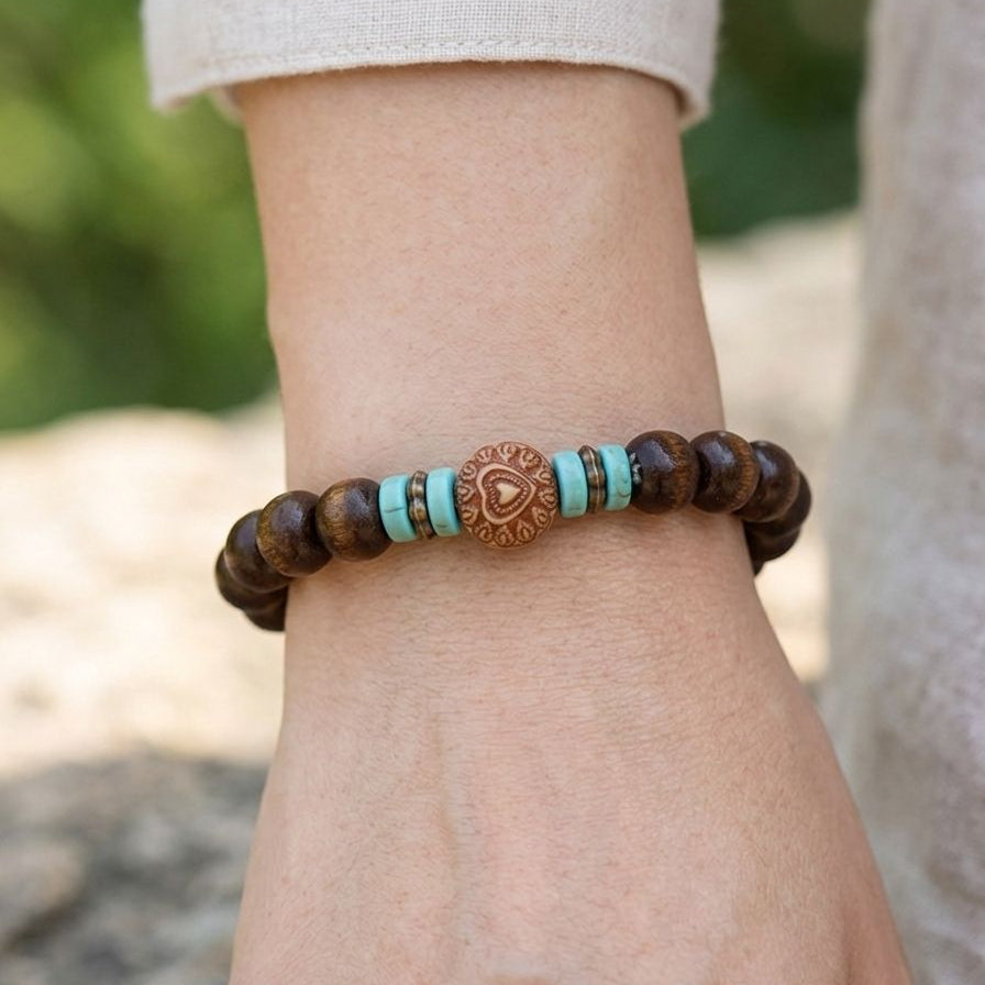 Pulseira de Madeira Natural com Detalhes – Estilo Artesanal com Elástico