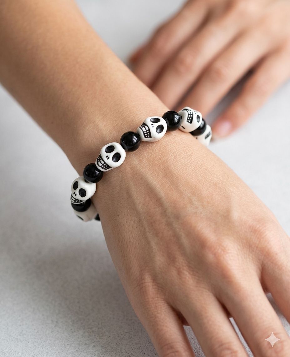 Pulseira Artesanal com Contas de Caveira e Elástico