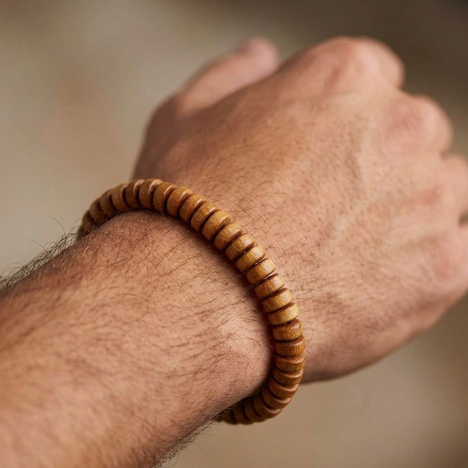 Pulseira em Madeira Artesanal com Contas e Elástico