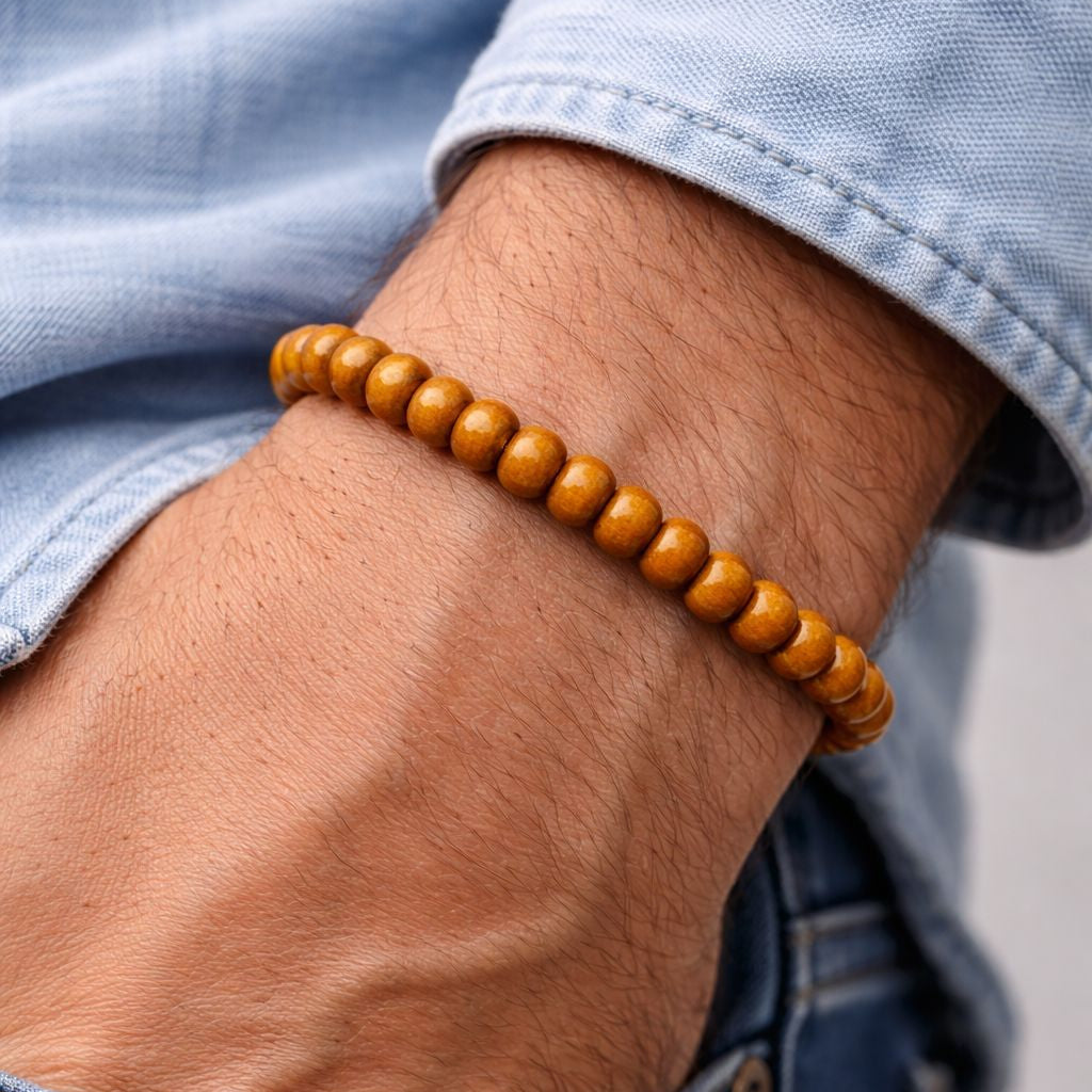Pulseira Artesanal em Madeira com Contas e Elástico