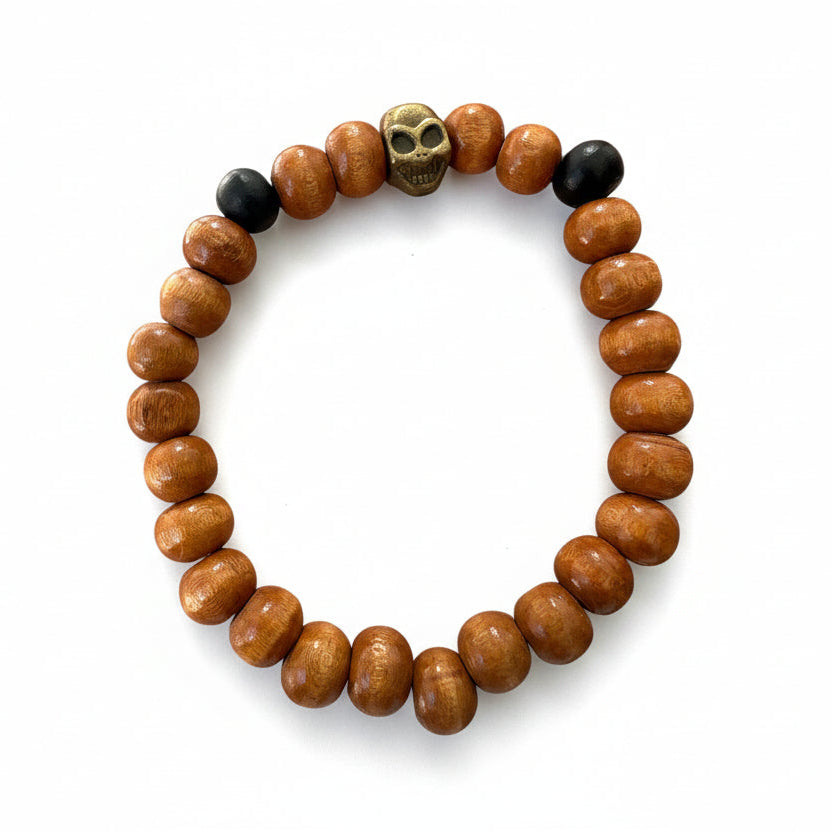 Pulseira de Contas em Madeira Natural com Detalhes com Cordão Elástico