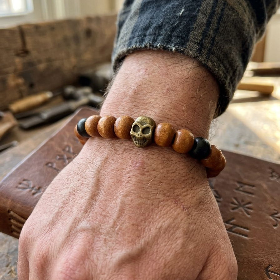 Pulseira de Contas em Madeira Natural com Detalhes com Cordão Elástico