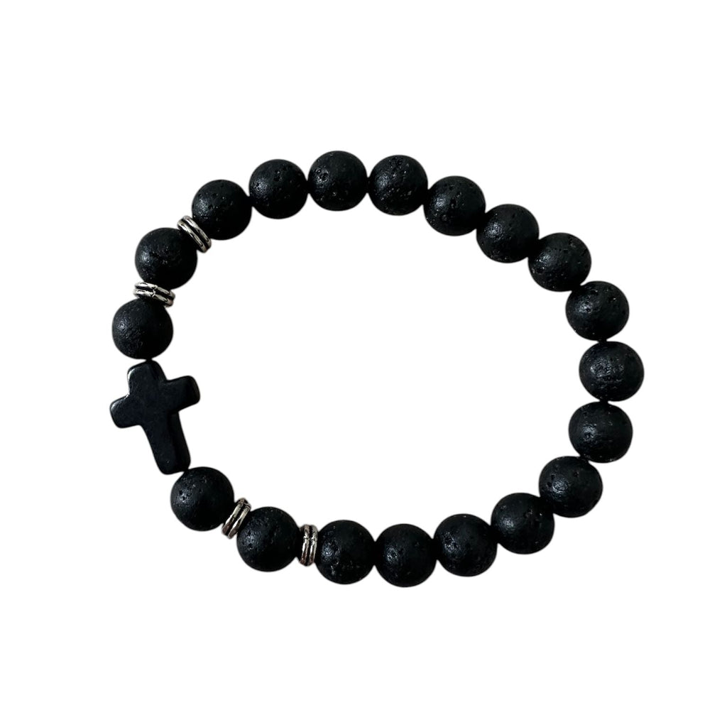 Pulseira Artesanal com Pedra Vulcânica e Detalhe de Cruz com Elástico
