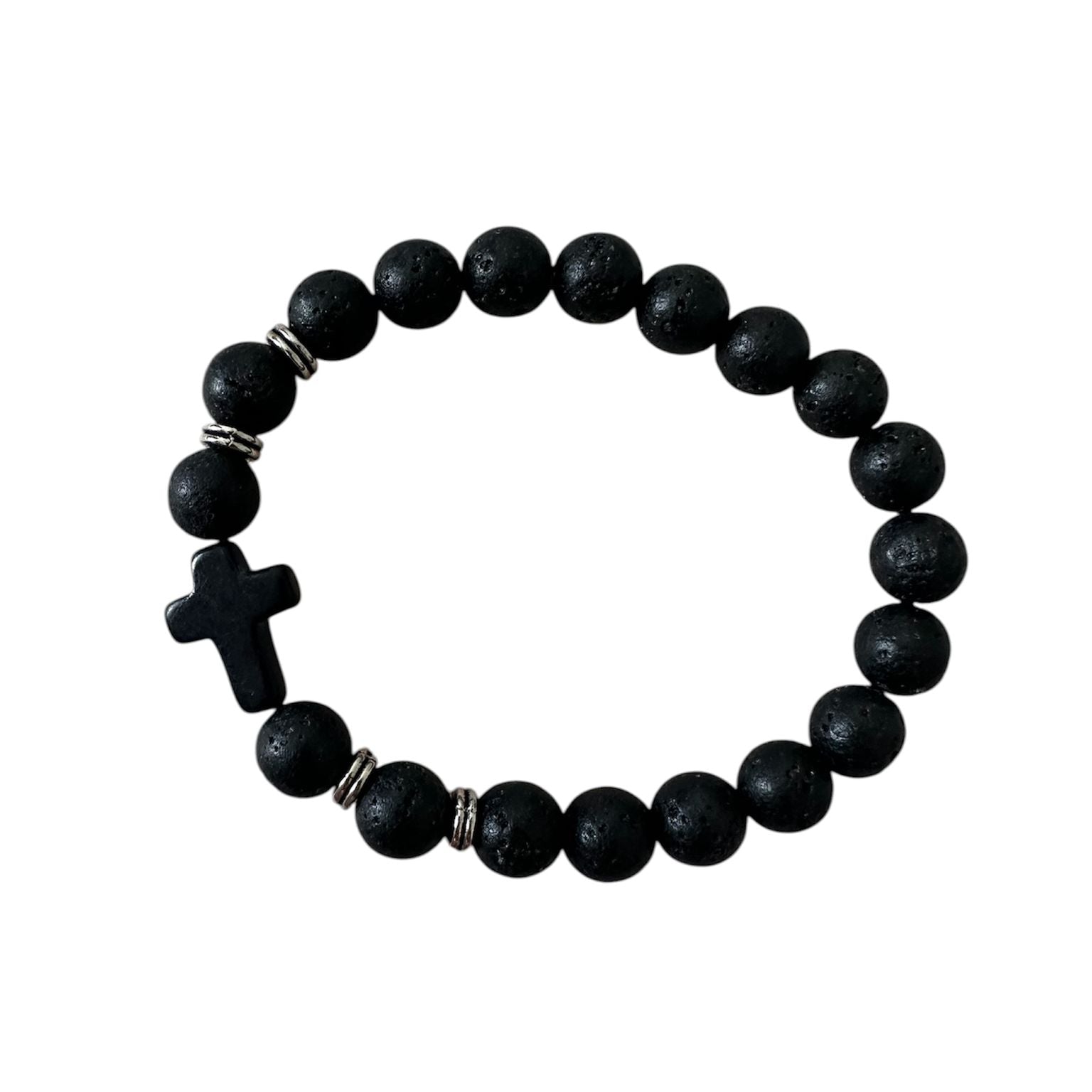 Pulseira Artesanal com Pedra Vulcânica e Detalhe de Cruz com Elástico