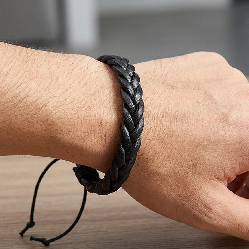 Pulseira de Couro Sintético Trançado Ajustável