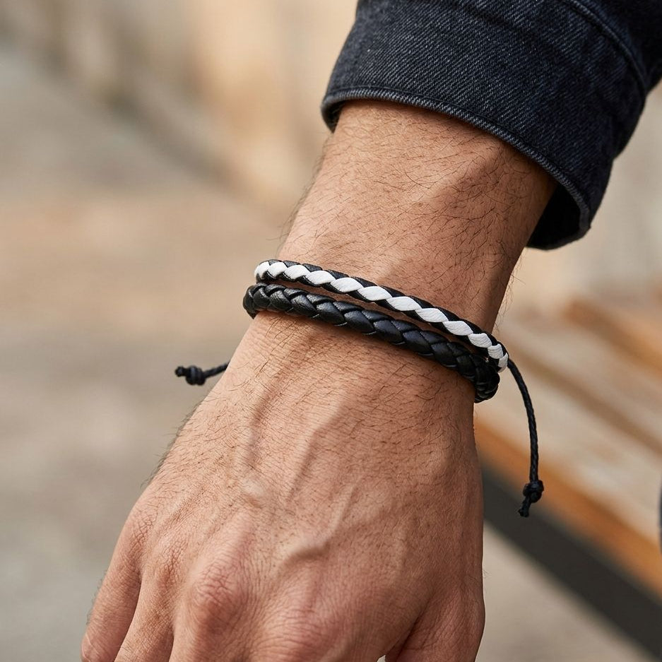 Pulseira de Couro Sintético Trançado Ajustável
