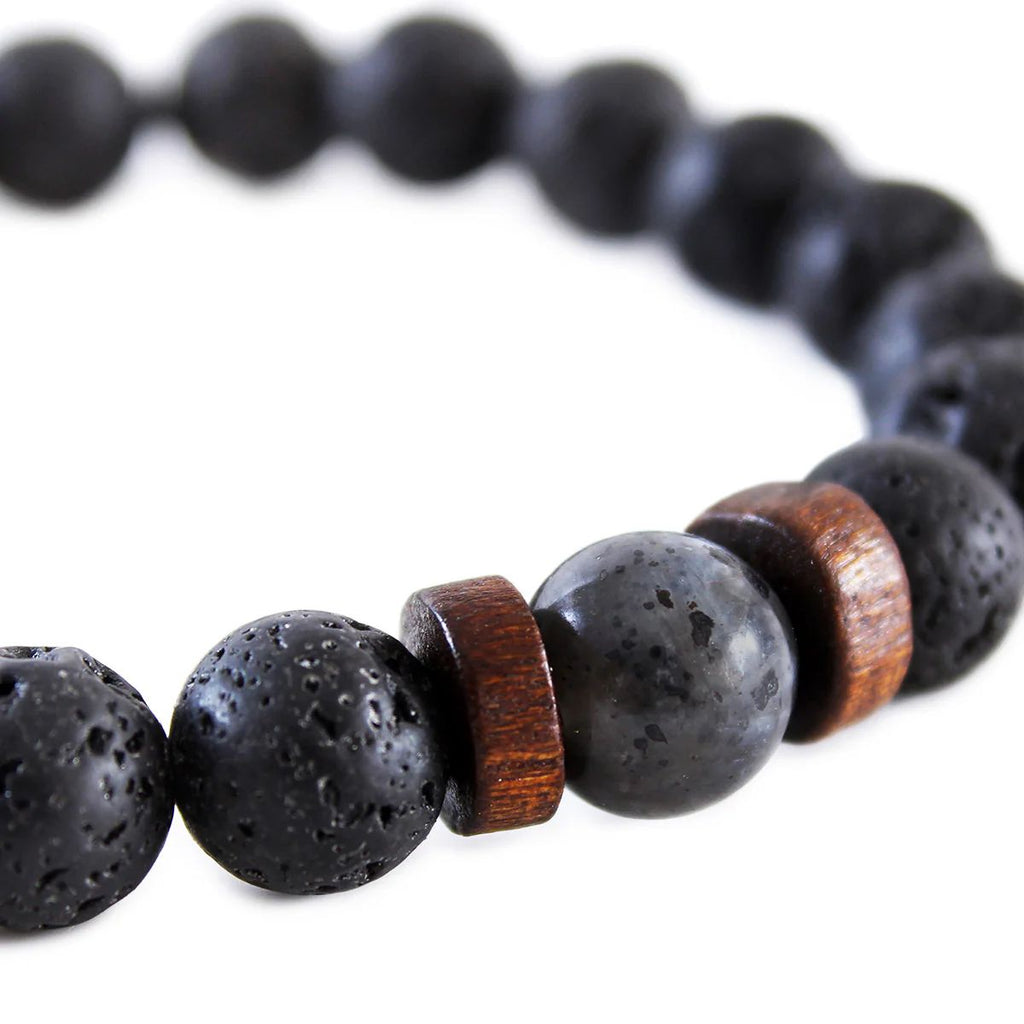Pulseira com Pedra Vulcânica e Detalhes em Madeira – Ajuste em Elástico