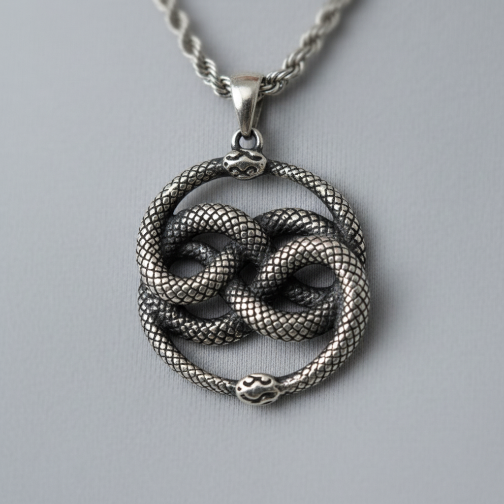 Conjunto Colar com Pingente de Serpente Dupla em Aço Inoxidável