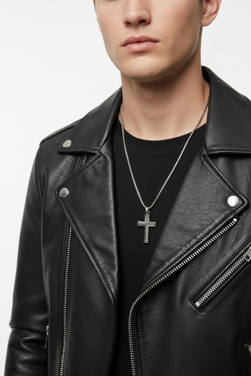 Conjunto de Colar com Cruz em Aço Inoxidável
